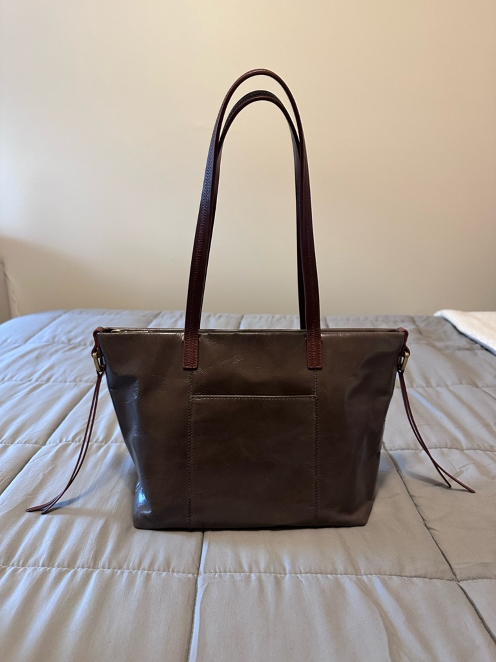 Hobo Cecily Tote Bag Gray Leather Brown Trim